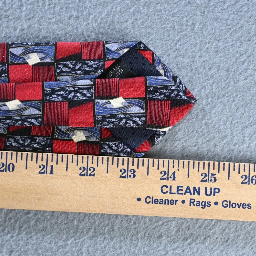 San Marino Mens Vintage 90s Geometric Abstract Silk Necktie OS Red Black